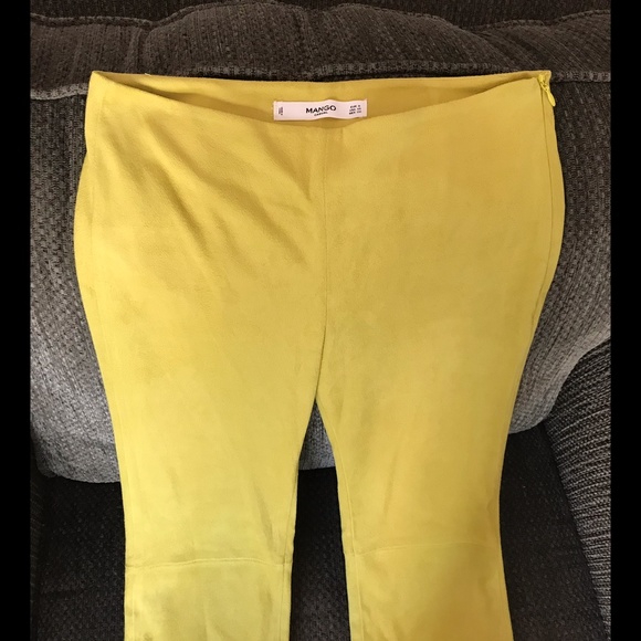 MANGO CASUAL Edgy Neon Yellow Faux Suede Sexy Pants Sz XS. - Picture 2 of 5